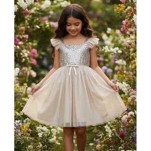 POPATU Girls Tulle Dress 8 Glitters Floral Sleeveless Beige Sequin Party Satin